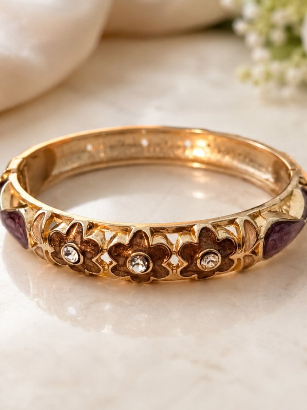 Women's Bangle: Gold with Amethyst Accents - Spring Hinge BoHo Casual Formal